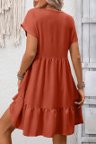 Ruffle V-neck Solid Color Short Sleeved Dress