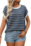 Round Neck Knitted Short Sleeved Striped Sweater