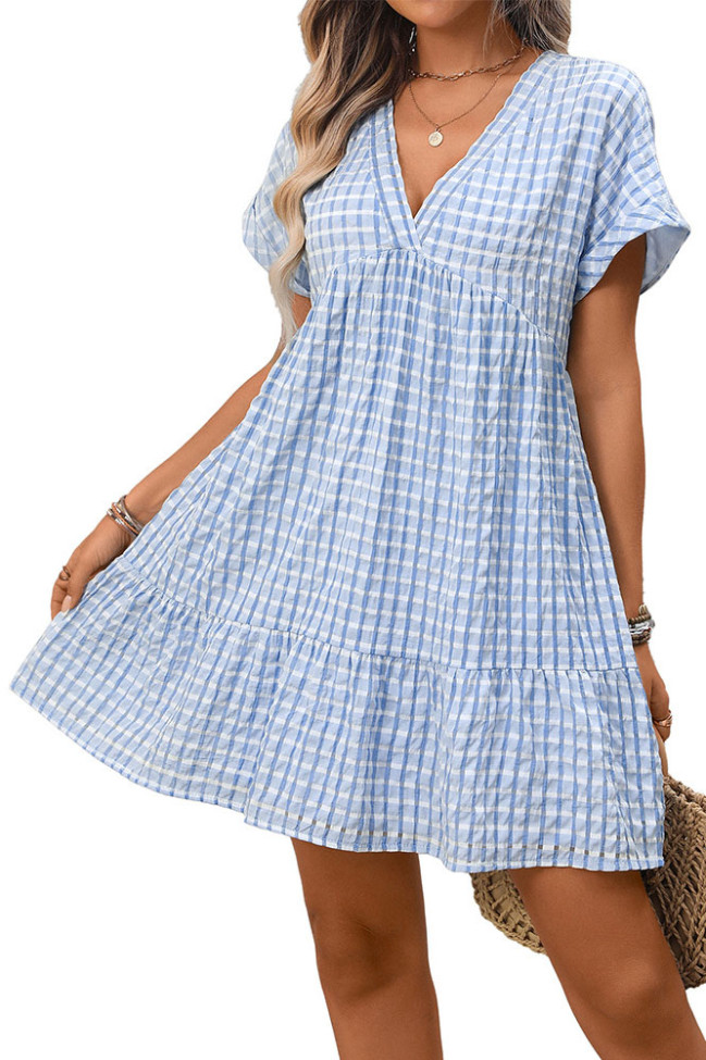 Checkered Print V-neck Short Sleeved Dress