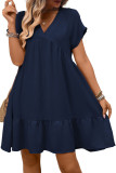 Ruffle V-neck Solid Color Short Sleeved Dress