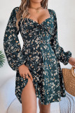 Square Collar Floral Print Long Sleeved Dress