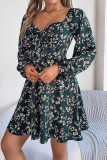 Square Collar Floral Print Long Sleeved Dress