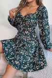 Square Collar Floral Print Long Sleeved Dress
