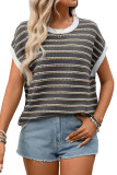 Round Neck Knitted Short Sleeved Striped Sweater