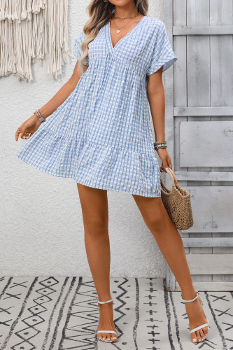Checkered Print V-neck Short Sleeved Dress
