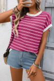 Round Neck Knitted Short Sleeved Striped Sweater
