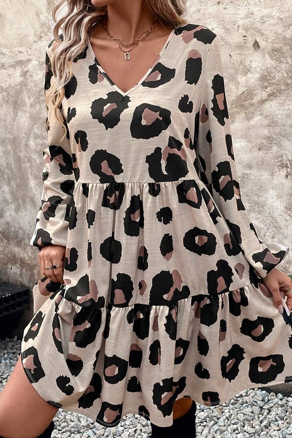 V Neck Long Sleeve Leopard Dress