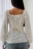 Square Neck Embroidered Hollow Long Sleeve Top