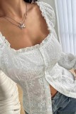 Square Neck Embroidered Hollow Long Sleeve Top
