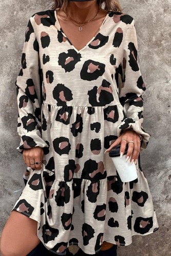 V Neck Long Sleeve Leopard Dress