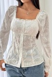 Square Neck Embroidered Hollow Long Sleeve Top