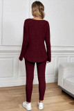Ribbed Notched Neck Knit Long Sleeve Leggings Two Pieces Lounge Set