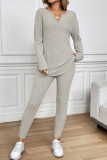 Ribbed Notched Neck Knit Long Sleeve Leggings Two Pieces Lounge Set