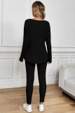 Ribbed Notched Neck Knit Long Sleeve Leggings Two Pieces Lounge Set