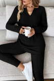 Ribbed Notched Neck Knit Long Sleeve Leggings Two Pieces Lounge Set