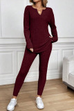 Ribbed Notched Neck Knit Long Sleeve Leggings Two Pieces Lounge Set