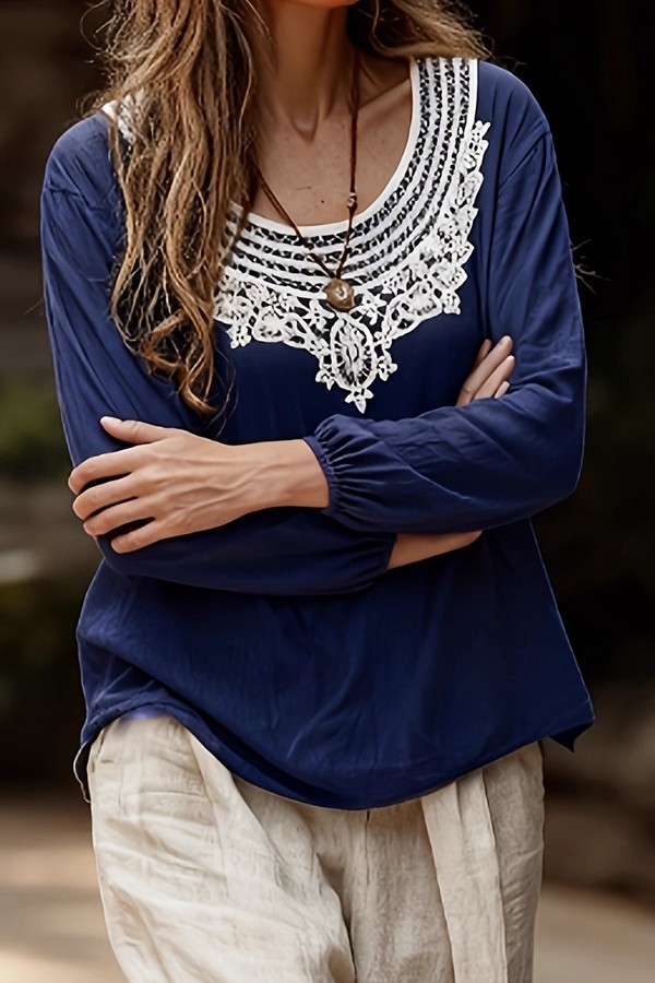 Ethnic style Lace Neck Shirt