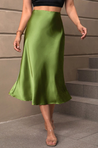 Solid Color Satin High-Waisted Midi Skirt