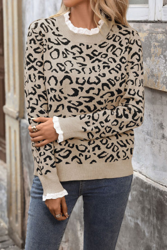 Leopard Print Lace Round Neck Long Sleeved Sweater