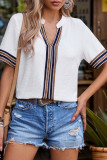 Color Stripe Printed Short Sleeved V-neck Shirt