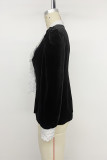 Lace Trim Long Sleeve Velvet Shirt