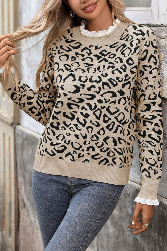 Leopard Print Lace Round Neck Long Sleeved Sweater
