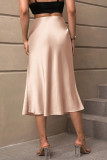 Solid Color Satin High-Waisted Midi Skirt