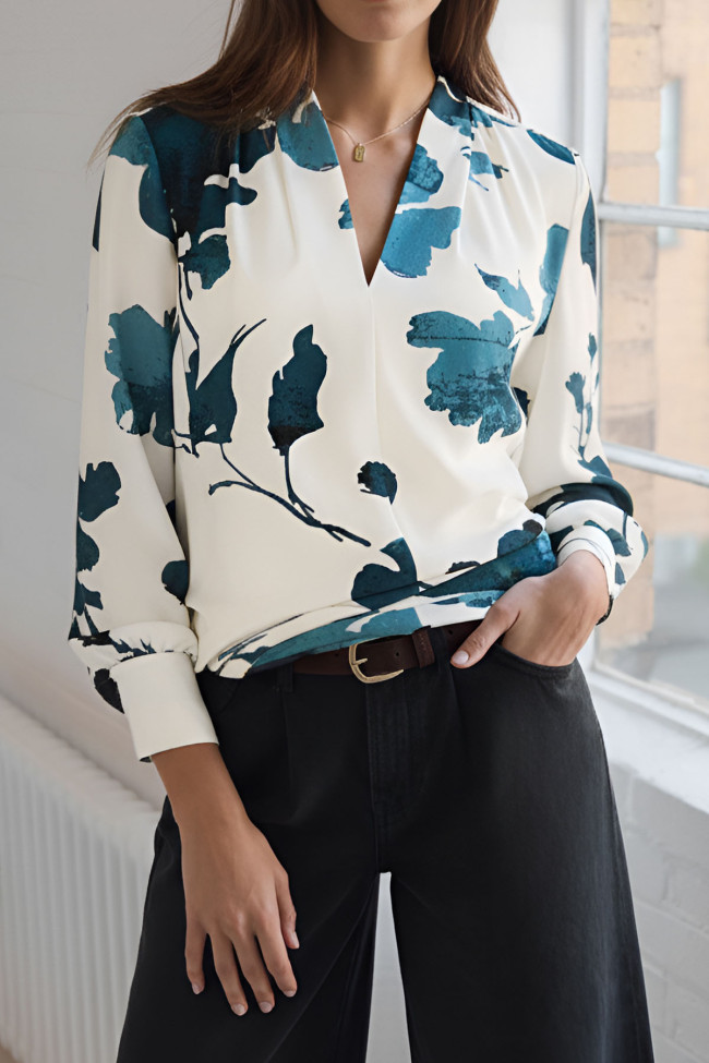 Leaf Print V-neck Long Sleeved Shirt