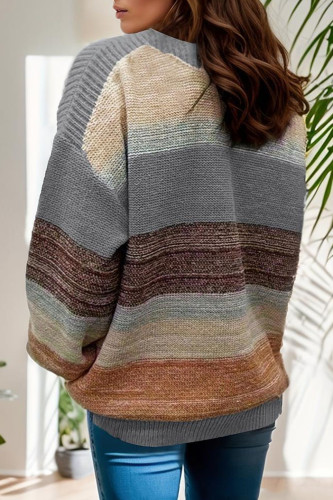 Large Size Striped Contrasting Long Sleeved Sweater