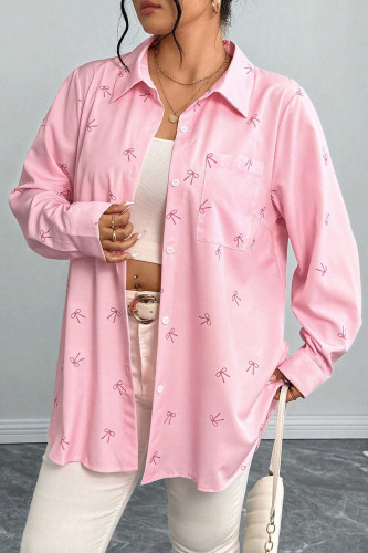 Large Size Bow Print Long Sleeved Cardigan Loose Shirt