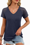 Solid Color V-neck Loose Lace Short Sleeved T-shirt