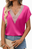 V-neck Lace Satin Short Sleeved Shirt