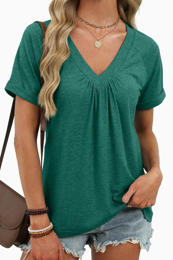 V-neck Pleated Loose Short Sleeved T-shirt