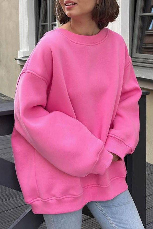 Solid Color Fleece Round Neck Pullover Hoodie