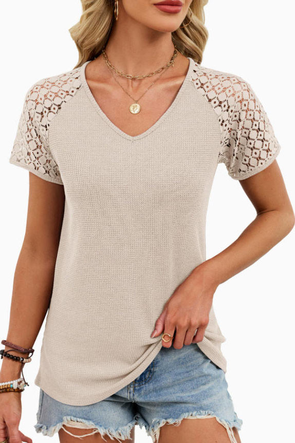 Solid Color V-neck Loose Lace Short Sleeved T-shirt