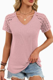 Solid Color V-neck Loose Lace Short Sleeved T-shirt