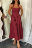 Solid Color High-Waisted Sleeveless Backless Dress