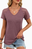 Solid Color V-neck Loose Lace Short Sleeved T-shirt