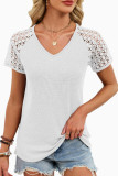 Solid Color V-neck Loose Lace Short Sleeved T-shirt