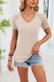 Solid Color V-neck Loose Lace Short Sleeved T-shirt