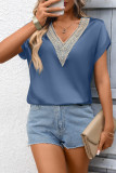 V-neck Lace Satin Short Sleeved Shirt
