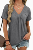 V-neck Pleated Loose Short Sleeved T-shirt
