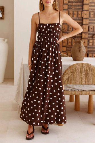 Polka Dot Printed Sleeveless Waist Cinching Dress