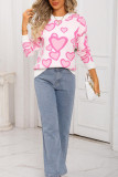 Peach Heart Printed Round Neck Long Sleeved Sweater