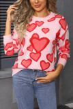 Peach Heart Printed Round Neck Long Sleeved Sweater