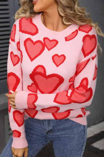 Peach Heart Printed Round Neck Long Sleeved Sweater