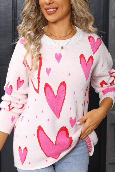 Round Neck Long Sleeved Heart Shaped Knit Sweater