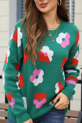 Flower Printed Long Sleeved Knitted Sweater