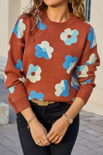 Flower Printed Long Sleeved Knitted Sweater
