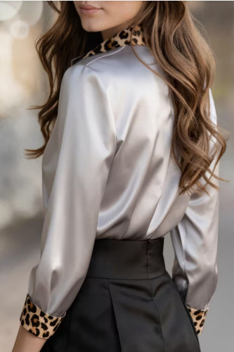 Leopard Print Round Neck Long Sleeved Satin Shirt